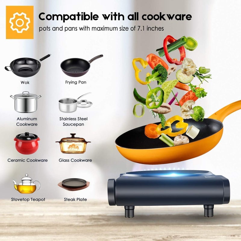 CUKOR 1200W Infrared Single Burner Electric Hot Plate, Fast Heating & Energy Efficient, 7 Inch Ceramic Glass Portable Electric Stove with Adjustable Temperature Control, Compatible w/All Cookware - Image 3